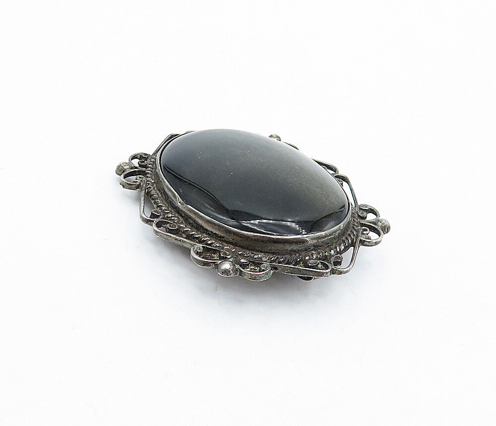 MEXICO 925 Sterling Silver  Vintage Black Onyx Baroque Swirl Brooch Pin BP1686