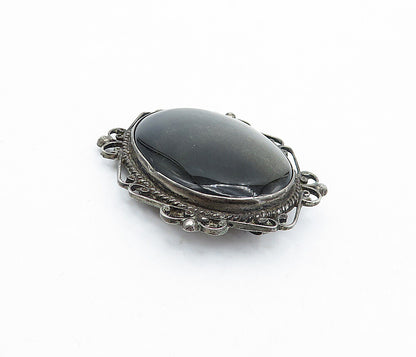 MEXICO 925 Sterling Silver  Vintage Black Onyx Baroque Swirl Brooch Pin BP1686