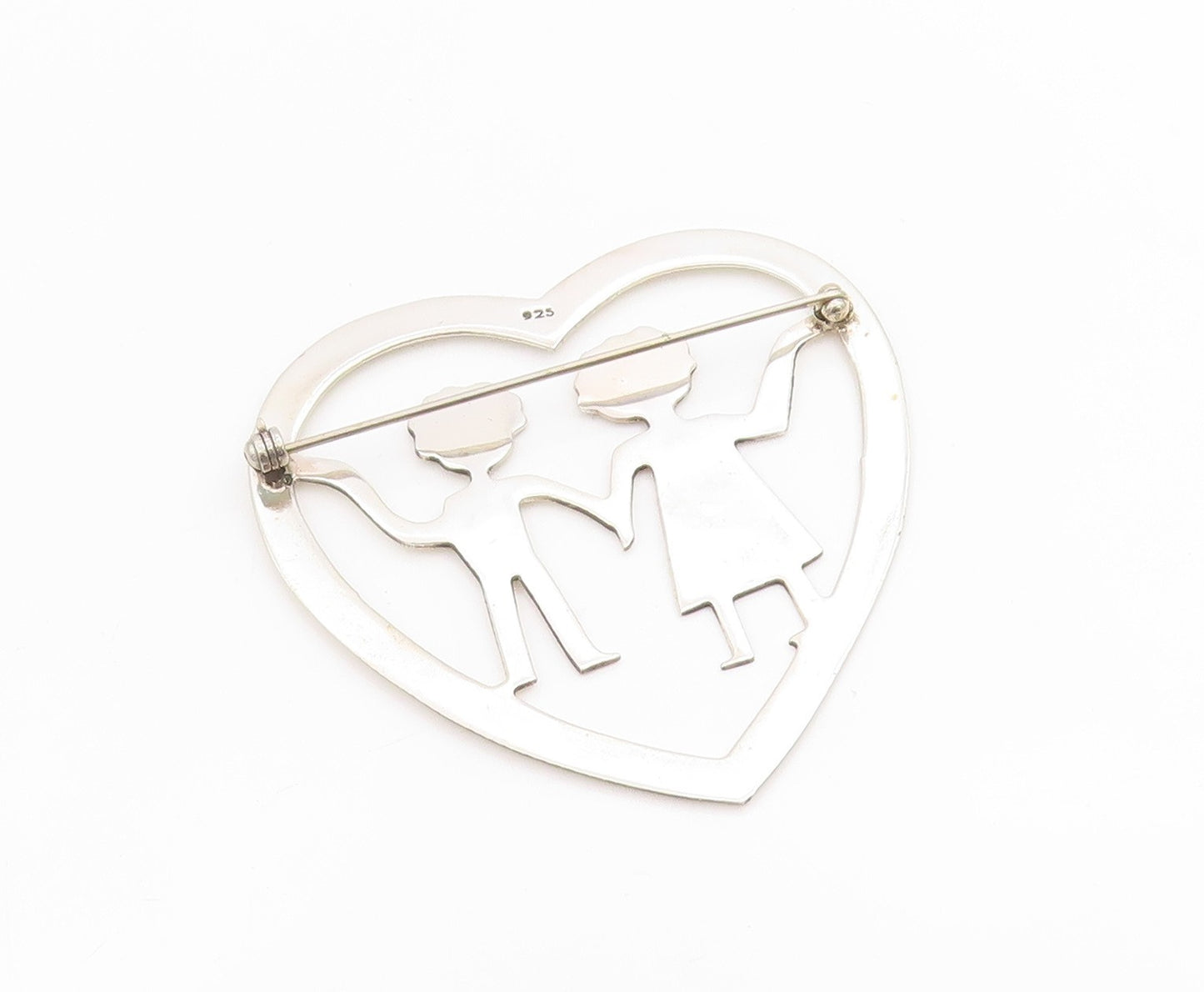 925 Sterling Silver Vintage Brooch Happy Couple Holding Hands Love Pin  BP11989