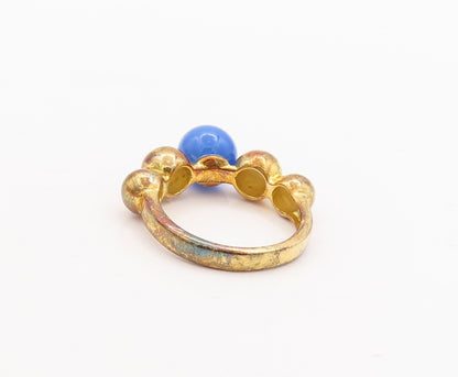 925 Sterling Silver Vintage Ring Gold Plated Bead Carved Blue Gem  Sz 7  RG29725