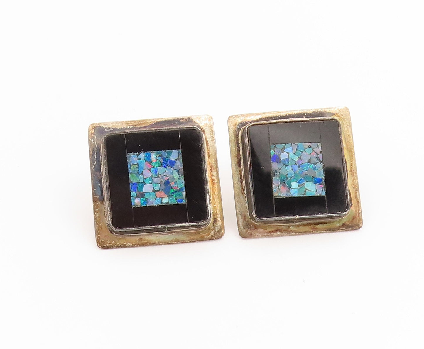 925 Sterling Silver Vintage Earrings Crushed Opal & Onyx Geometric Inlay EG14282