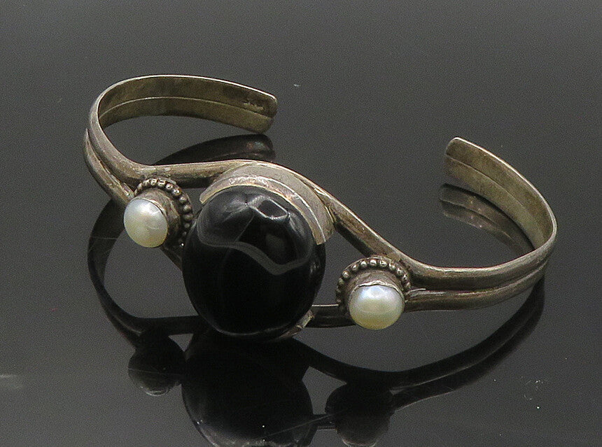 925 Sterling Silver  Vintage Black Onyx & Pearls Split Cuff Bracelet  BT6749
