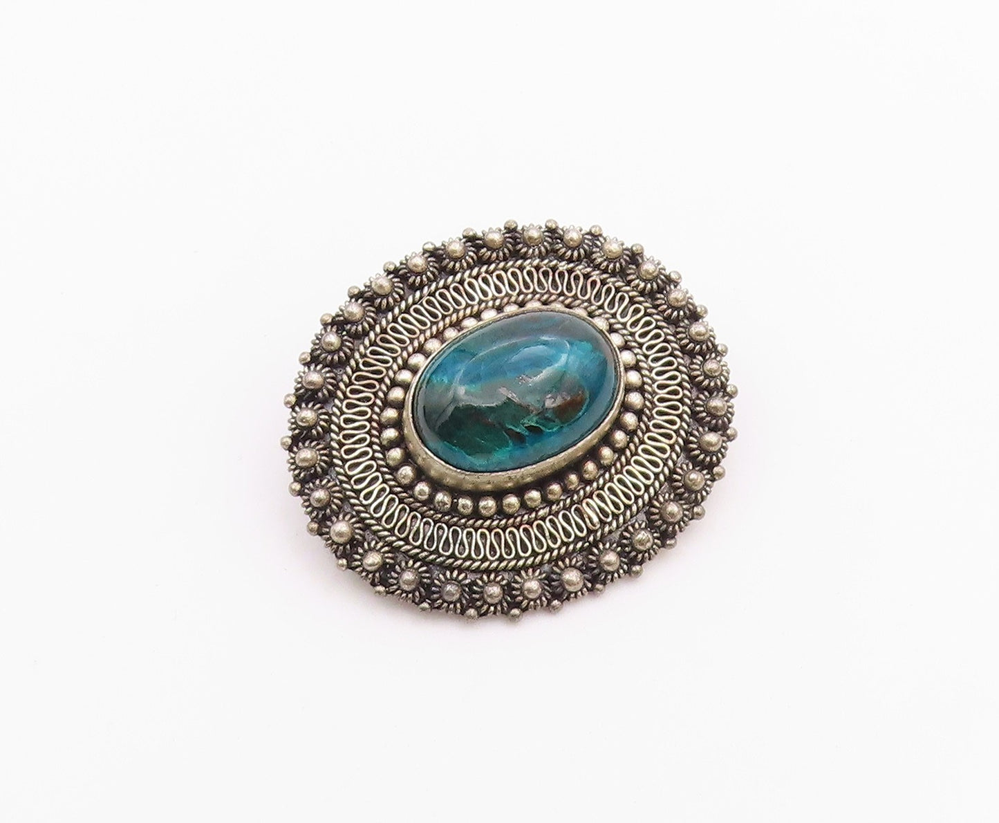 ISRAEL 925 Silver  Vintage Beaded & Wire Border Chrysocolla Brooch Pin  BP9604