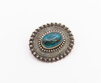 ISRAEL 925 Silver  Vintage Beaded & Wire Border Chrysocolla Brooch Pin  BP9604