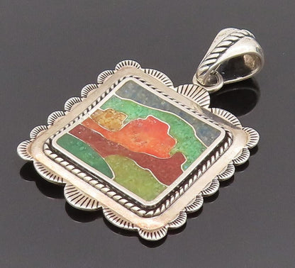 CAROLYN POLLACK 925 Silver  Vintage Inlay Landscape Square Pendant  PT22174