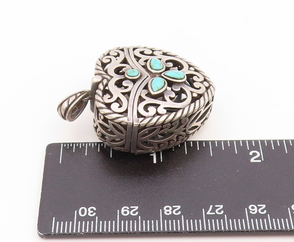 925 Sterling Silver Vintage Pendant Turquoise Scrollwork Heart OPENS  PT25834