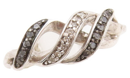 925 Sterling Silver Vintage Ring Spiral White & Black Diamonds  Sz 7  RG31286