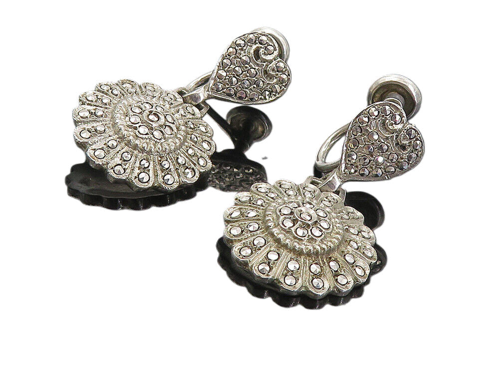 925 Sterling Silver Vintage Sparkling Flower Motif Non Pierce Earrings EG4216