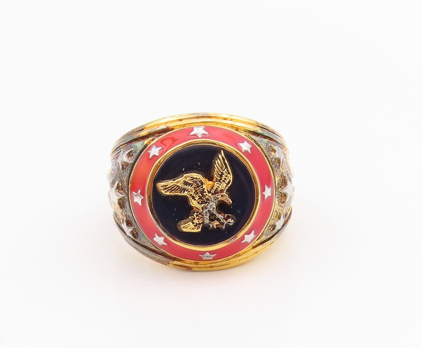 925 Sterling Silver Vintage Ring Gold Plated Enameled Eagle Band  Sz 14  RG34221
