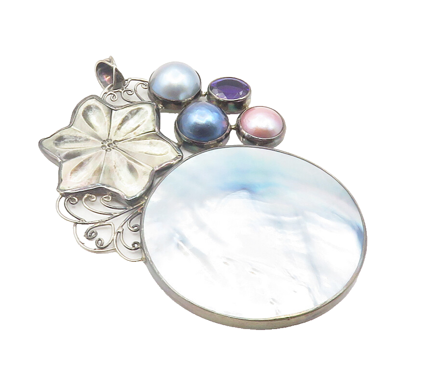 925 Sterling Silver  Vintage Mother Of Pearl & Pearls Floral Pendant  PT9476