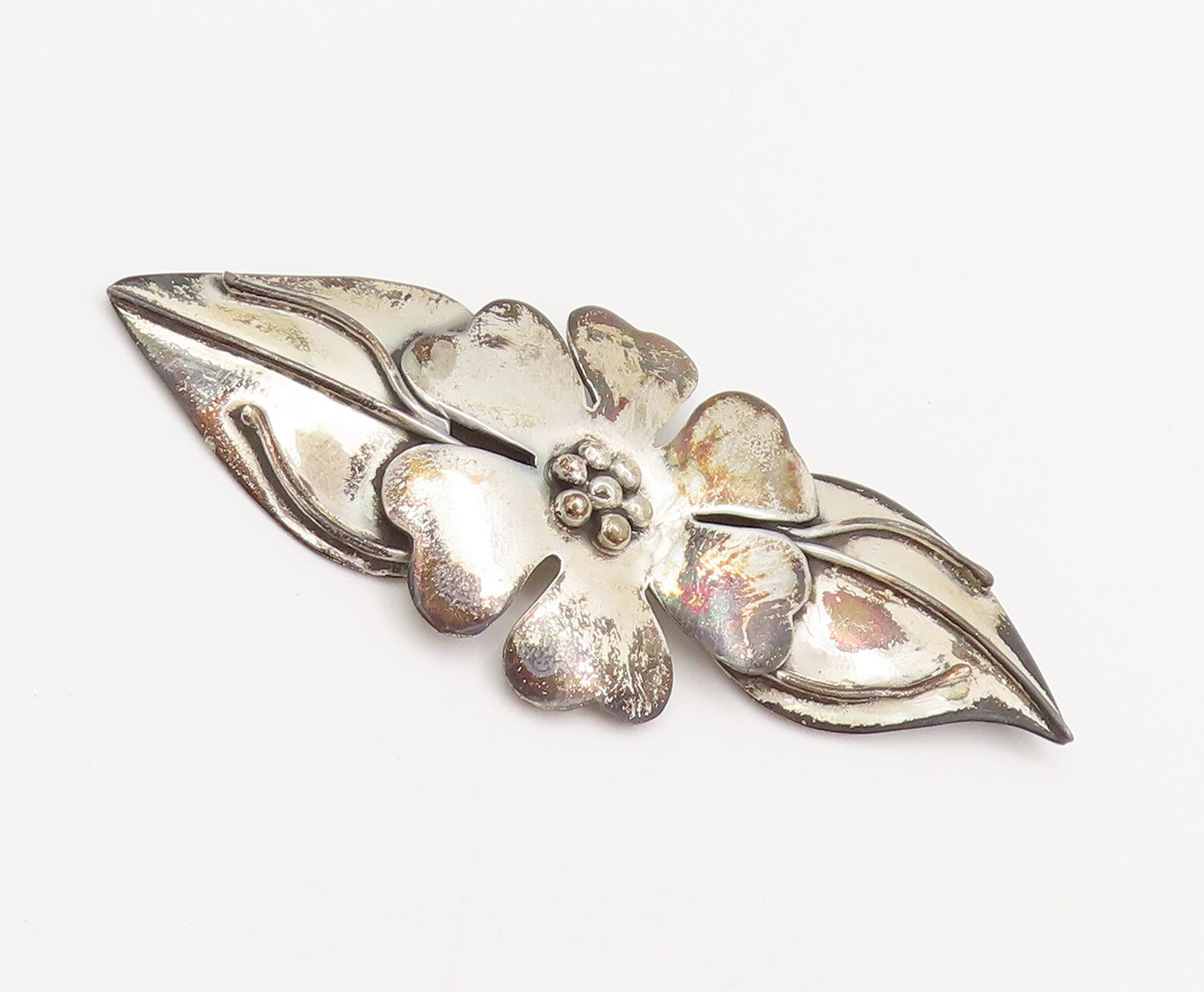 925 Sterling Silver  Vintage Designer Beaded Flower & Leaf Brooch Pin  BP10421