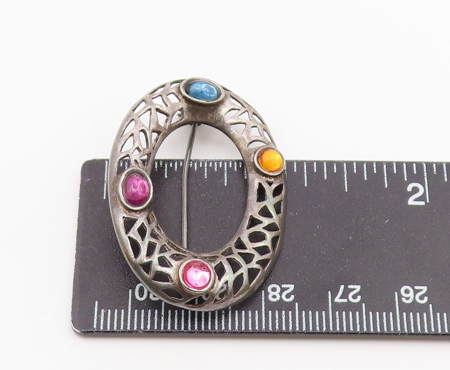925 Silver  Vintage Cabochon Topaz Amethyst & Stones Oval Brooch Pin  BP10167