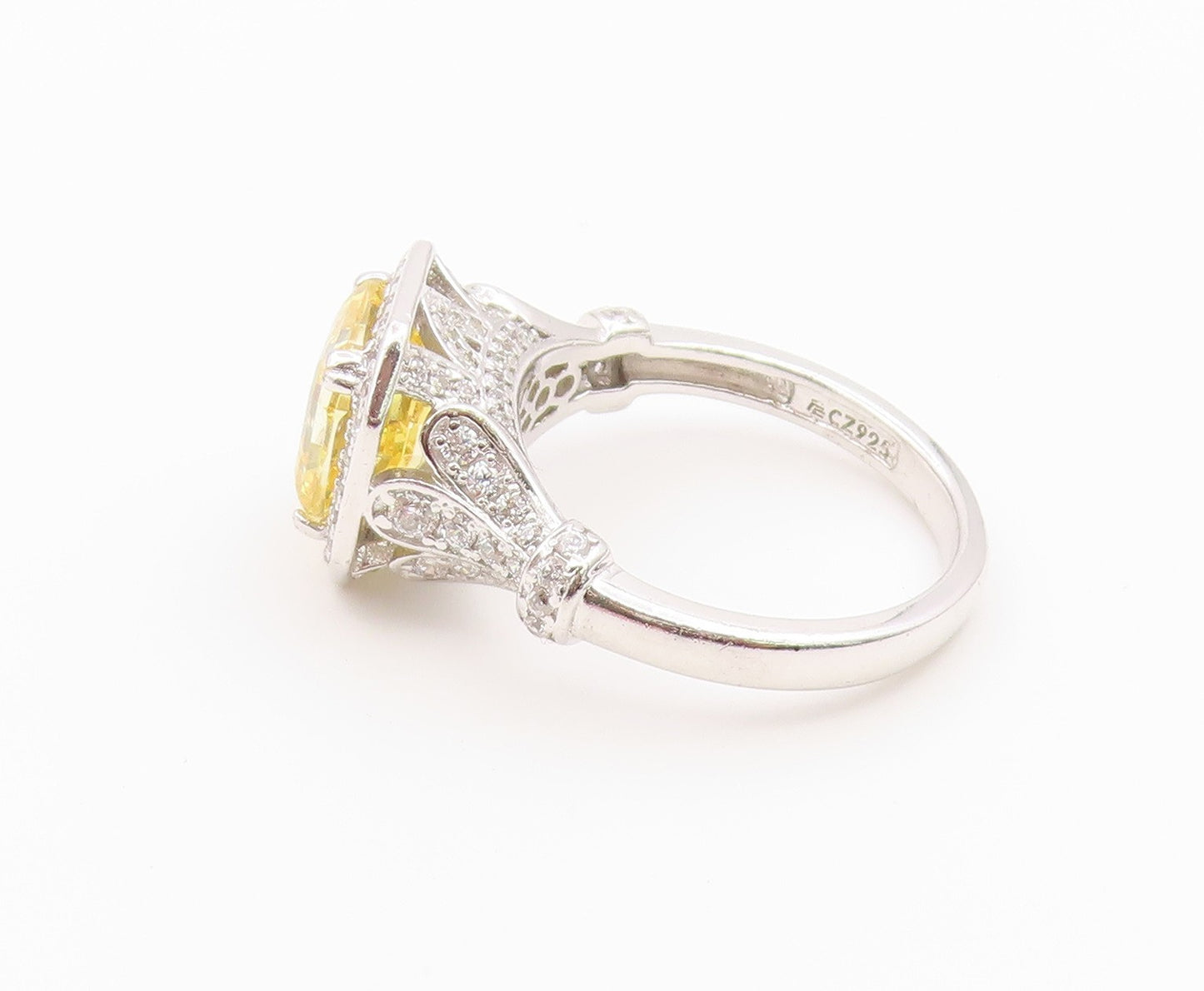 925 Sterling Silver Vintage Ring Citrine & CZ Octagon Halo Band  Sz 8  RG36576