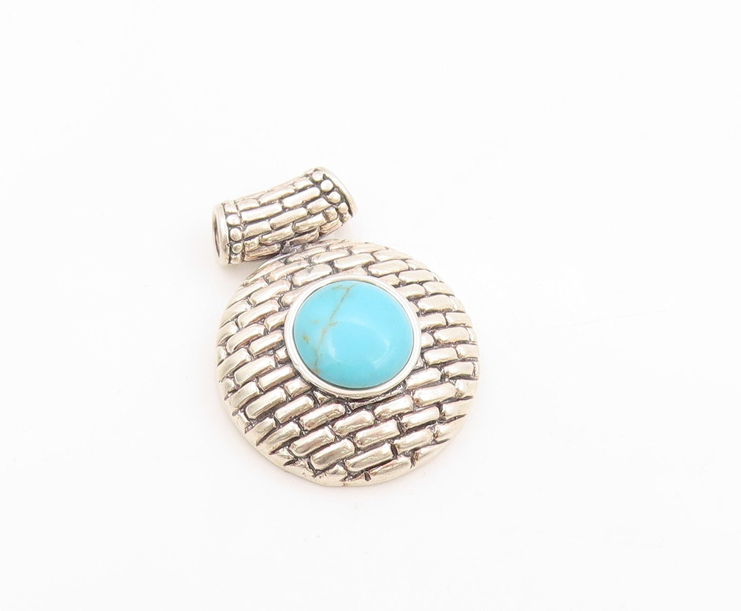 925 Sterling Silver Vintage Pendant Round Turquoise Brick Line Design  PT25826