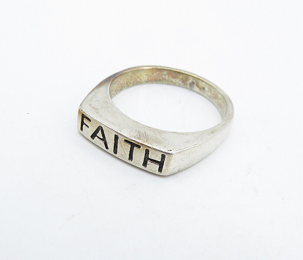 925 Sterling Silver - Vintage Faith Stamped Square Dome Band Ring Sz 6 - RG4473