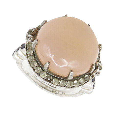 MLD 925 Silver  Cabochon Rose Quartz & Blue Topaz Cocktail Ring Sz 6  RG18247