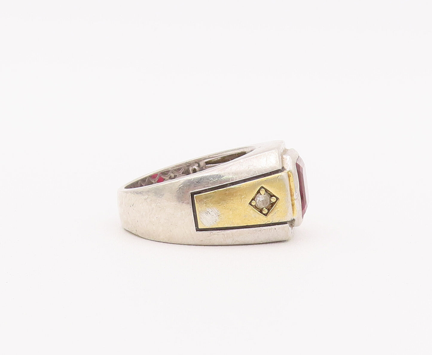925 Sterling Silver Vintage Ring Grooved Square Red White Topaz Sz 11.5  RG28025