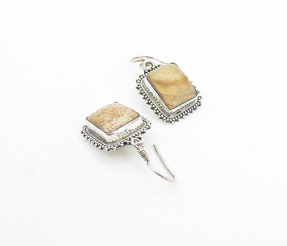 925 Sterling Silver  Vintage Brown Jasper Square Shiny Dangle Earrings  EG3774