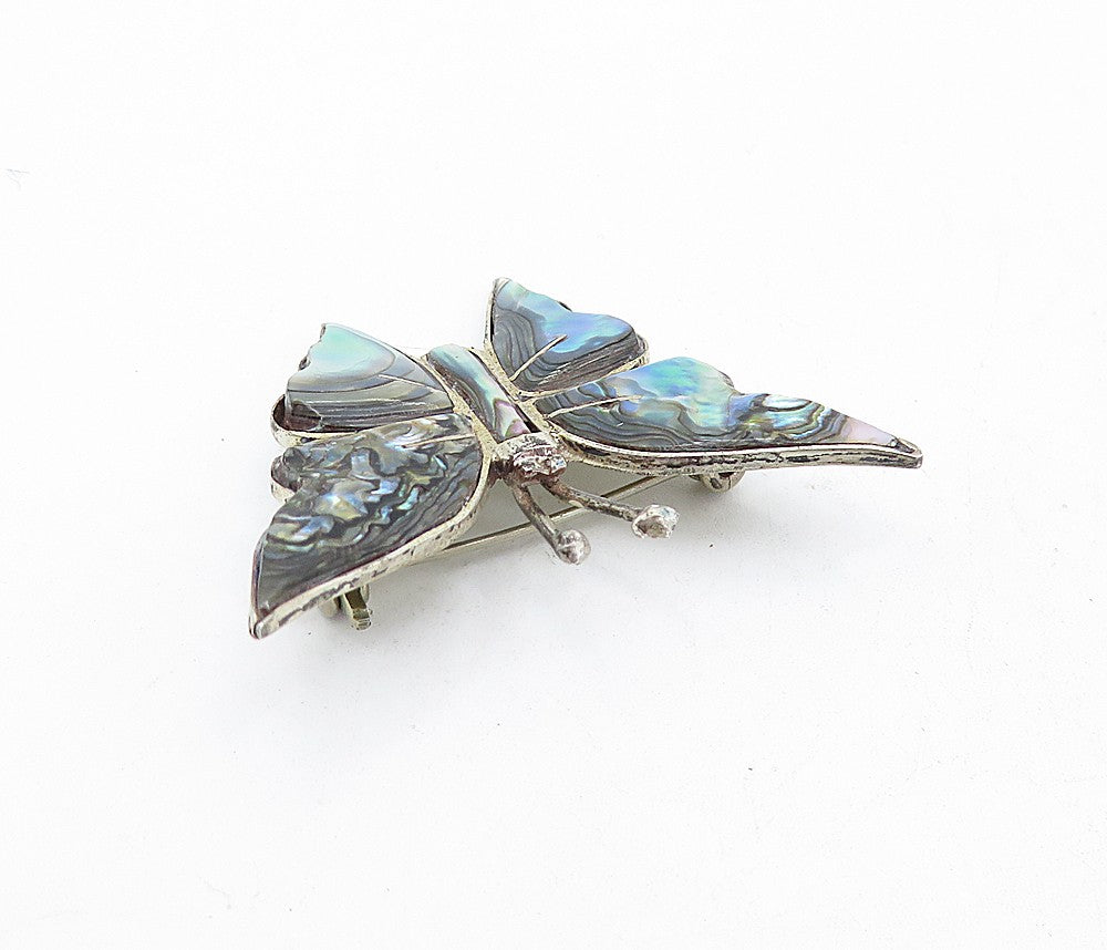 MEXICO 925 Sterling Silver Vintage Abalone Shell Butterfly Brooch Pin  BP1242