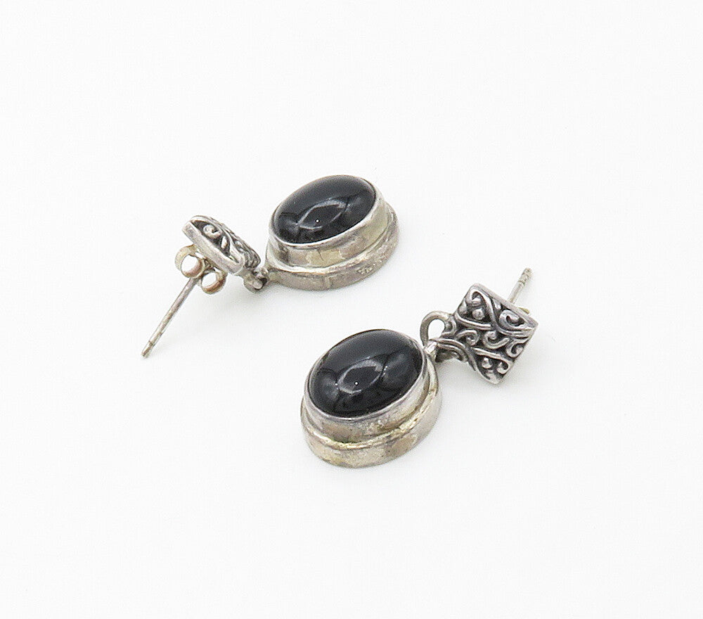 925 Sterling Silver  Vintage Cabochon Cut Black Onyx Drop Earrings  EG8564