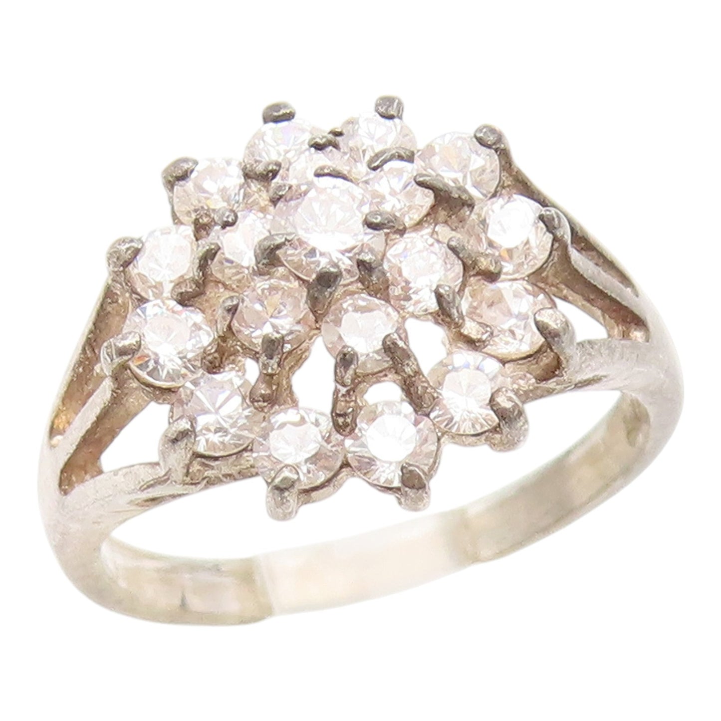 925 Sterling Silver Vintage Ring Sparkling CZ Floral Cluster  Sz 7.5  RG35080
