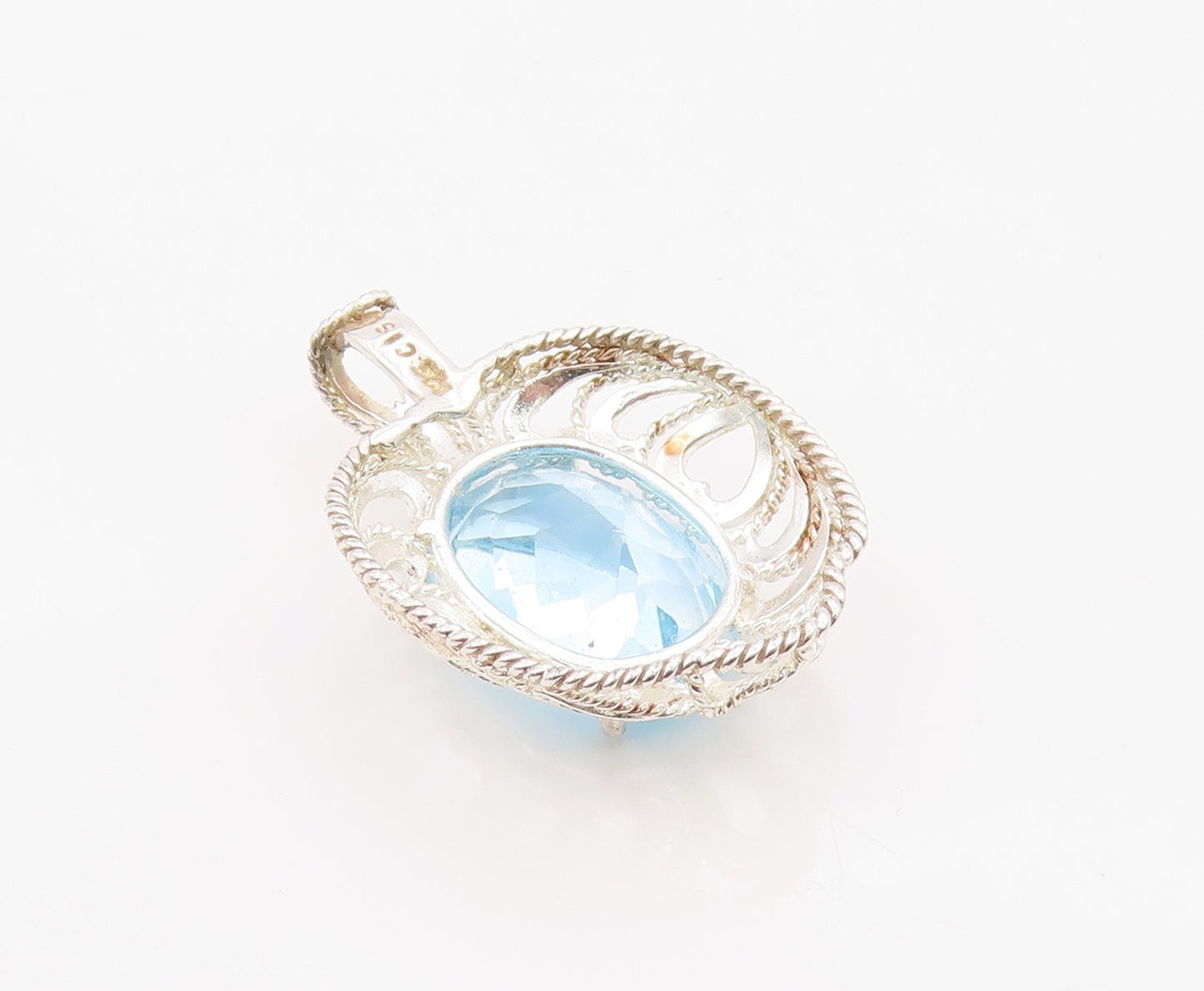 925 Sterling Silver Vintage Pendant Classic Oval Cut Blue Topaz Charm  PT26327