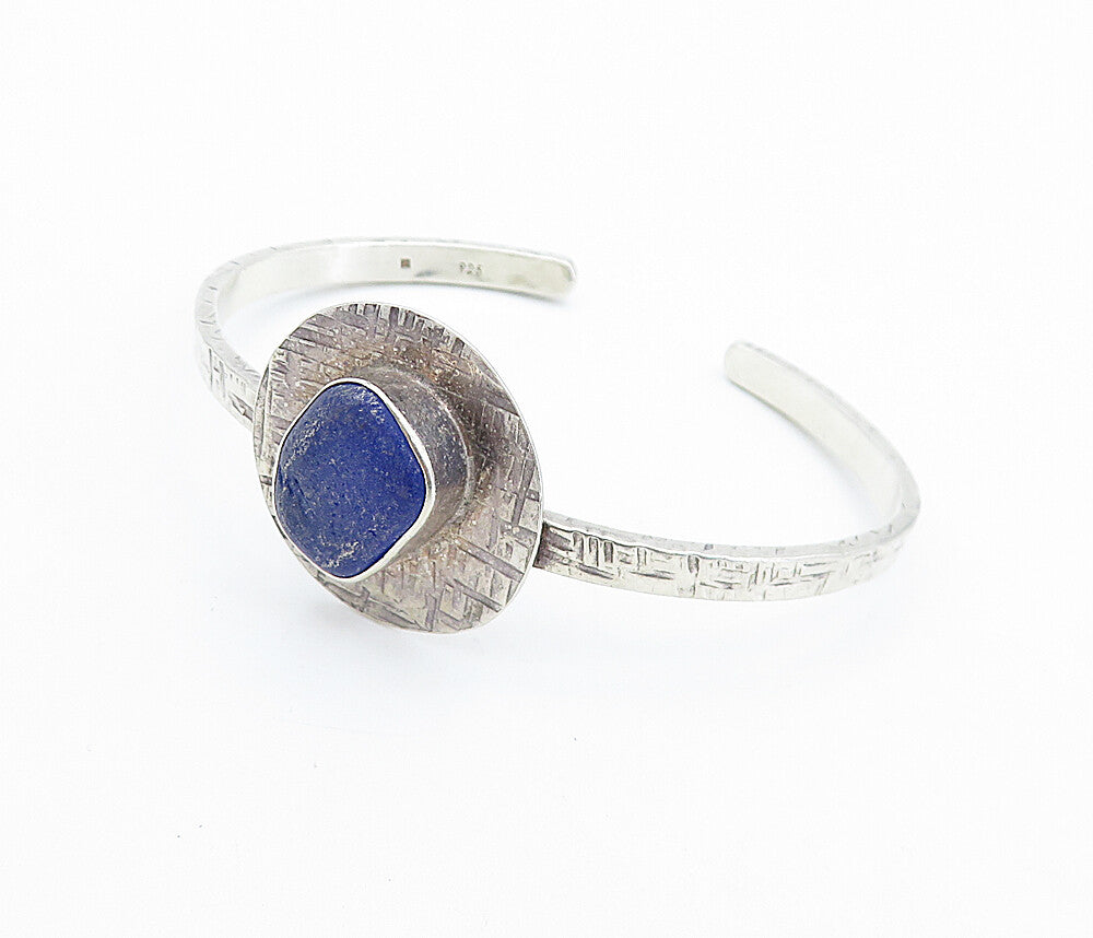 925 Sterling Silver  Vintage Lapis Lazuli Shiny Textured Cuff Bracelet  BT3085