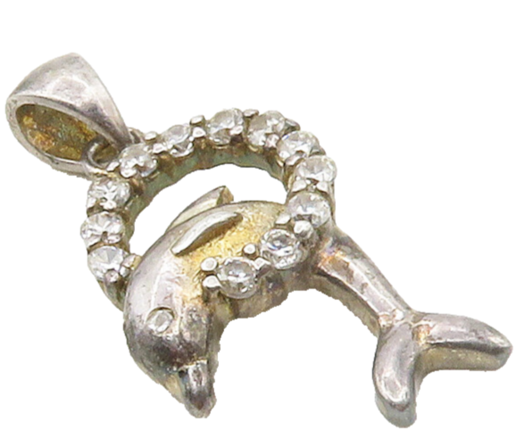 925 Sterling Silver  Vintage Cubic Zirconia Leaping Dolphin Pendant  PT13277