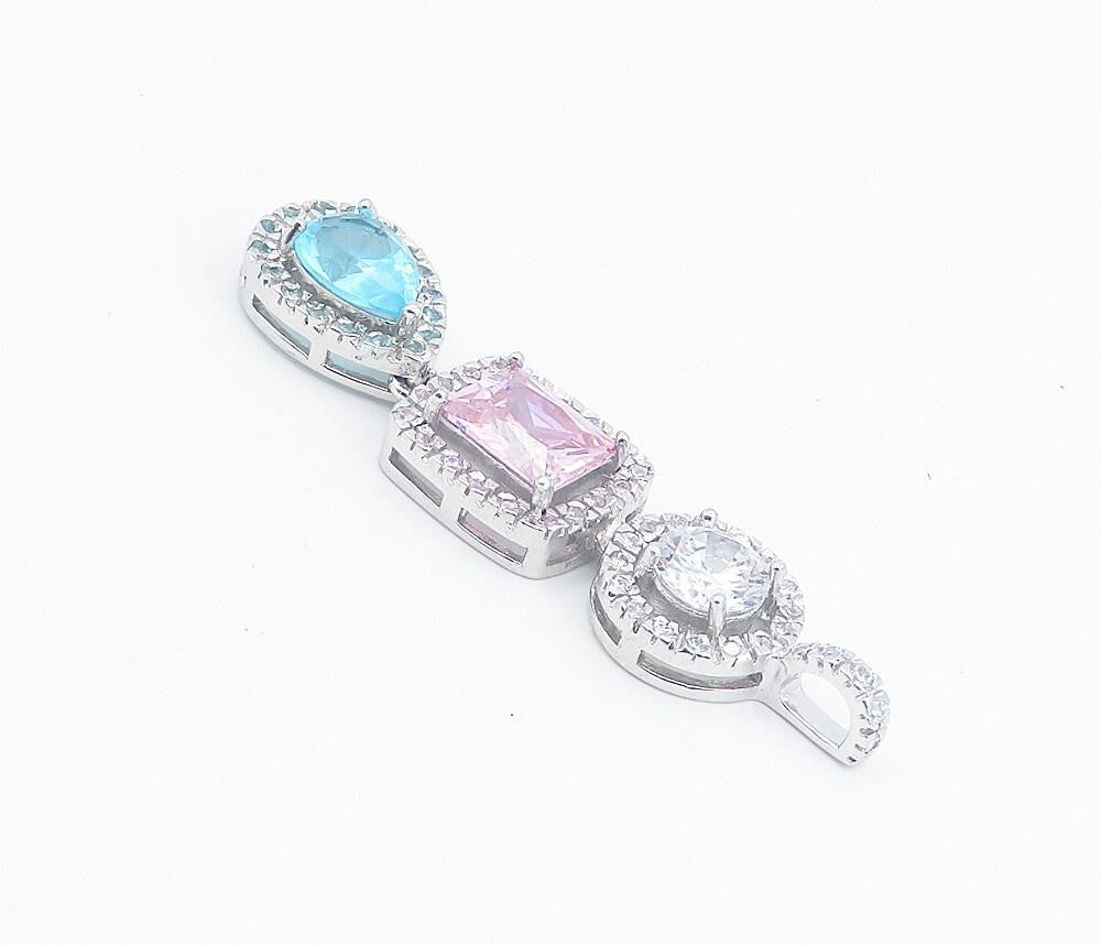 925 Sterling Silver  Shiny Cubic Zirconia & Topaz Linked Drop Pendant  PT6213