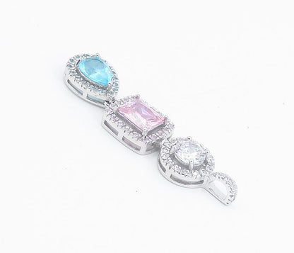 925 Sterling Silver  Shiny Cubic Zirconia & Topaz Linked Drop Pendant  PT6213