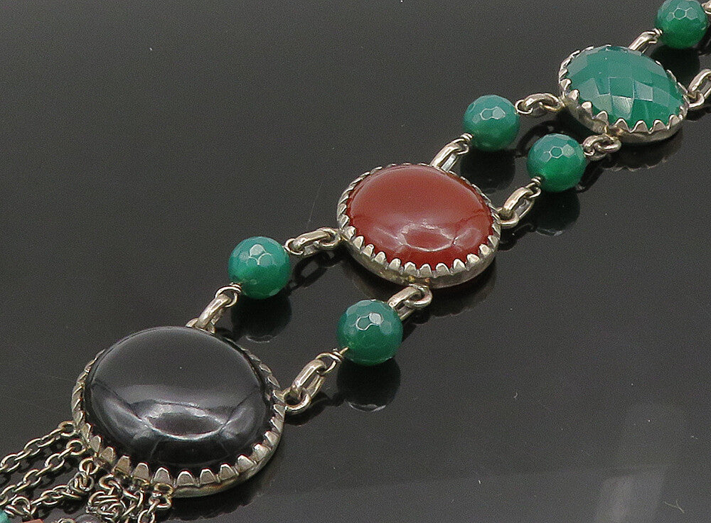 925 Sterling Silver  Vintage Onyx Carnelian & Moonstone Chain Necklace  NE3769