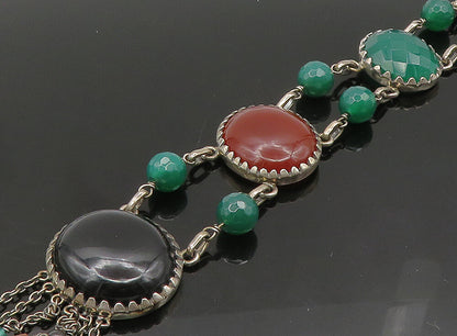 925 Sterling Silver  Vintage Onyx Carnelian & Moonstone Chain Necklace  NE3769