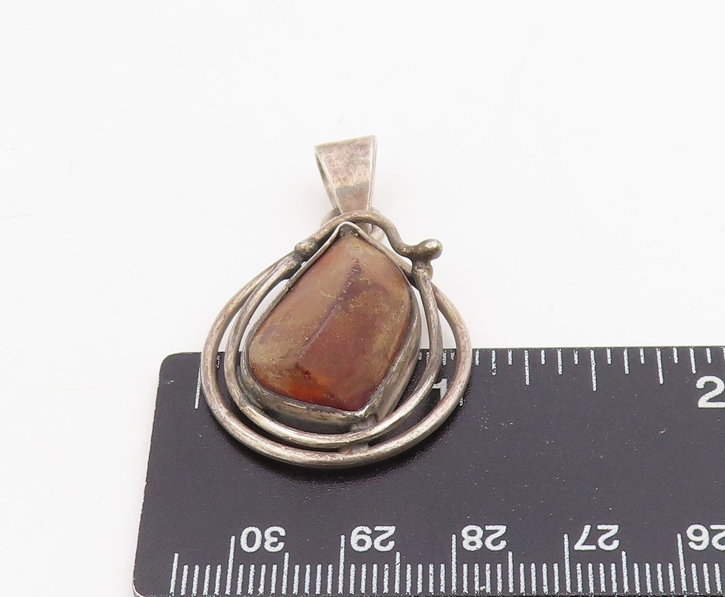 925 Sterling Silver Vintage Pendant Modernist Amber Wire Wrapped Drop  PT25869