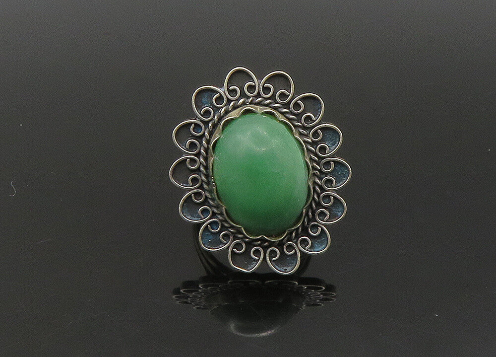 MEXICO 925 Silver  Vintage Green Jasper Floral Cocktail Ring Sz 8  RG23313