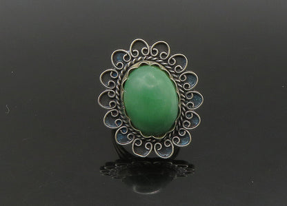 MEXICO 925 Silver  Vintage Green Jasper Floral Cocktail Ring Sz 8  RG23313