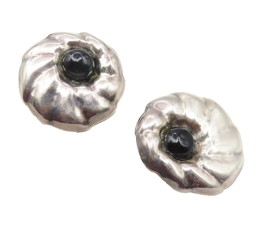 MEXICO 925 Sterling Silver  Vintage Cabochon Black Onyx Drop Earrings  EG6313