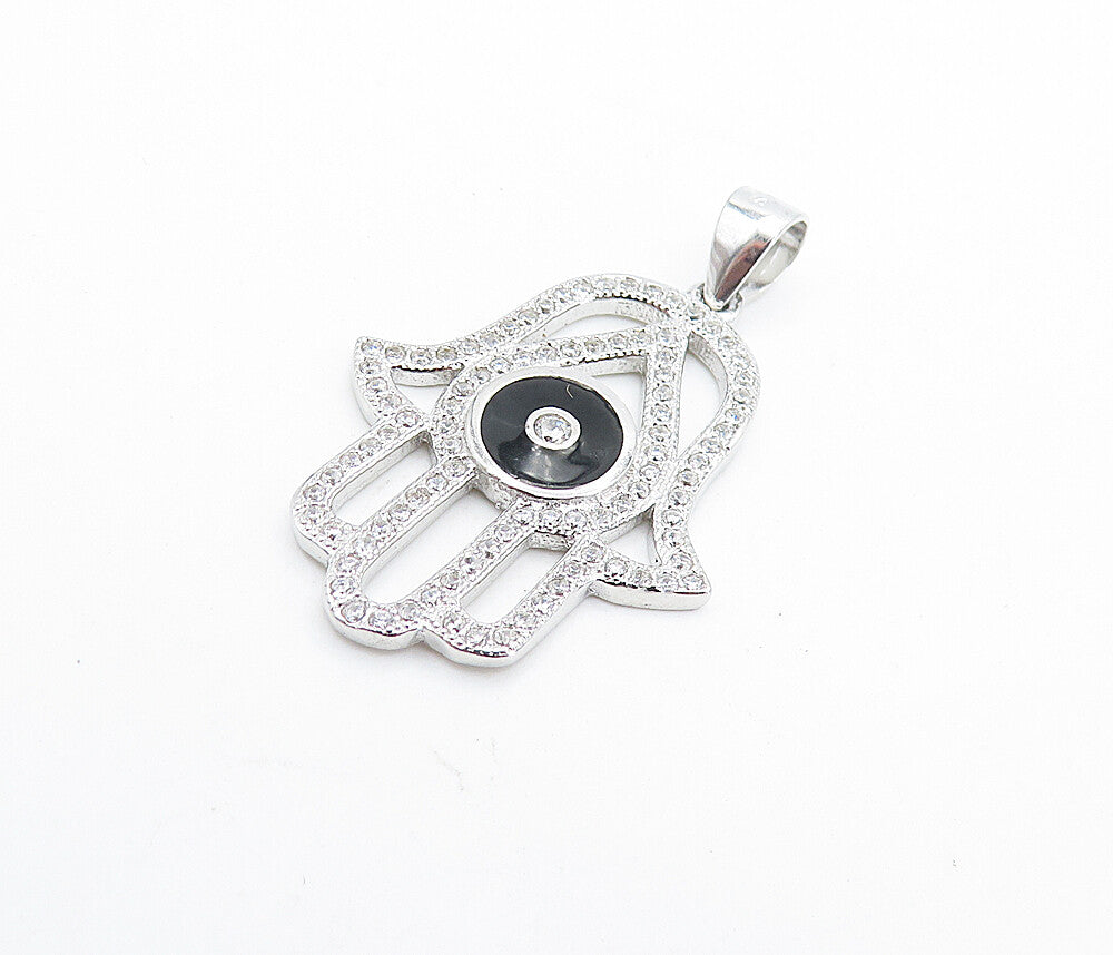925 Sterling Silver  Shiny Topaz & Enamel Detail Open Hamsa Pendant  PT5569