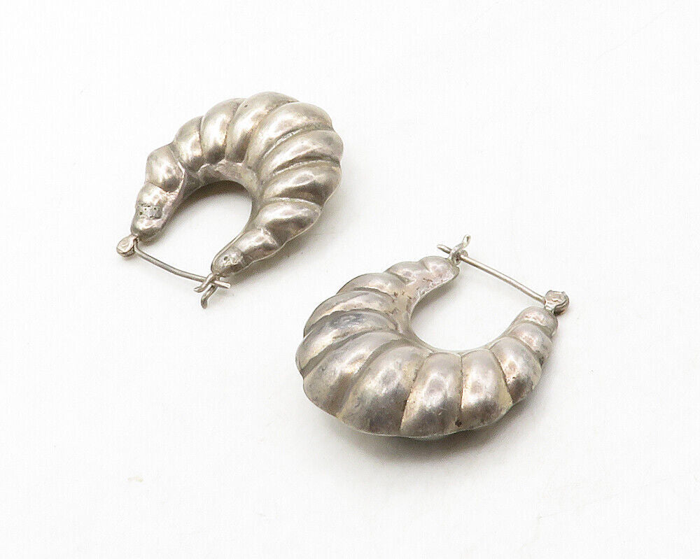 925 Sterling Silver  Vintage Dark Tone Hollow Fluted Hoop Earrings  EG6747