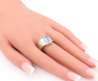 925 Sterling Silver Vintage Ring Solid Marquise Cut Blue CZ  Sz 10.5  RG29087