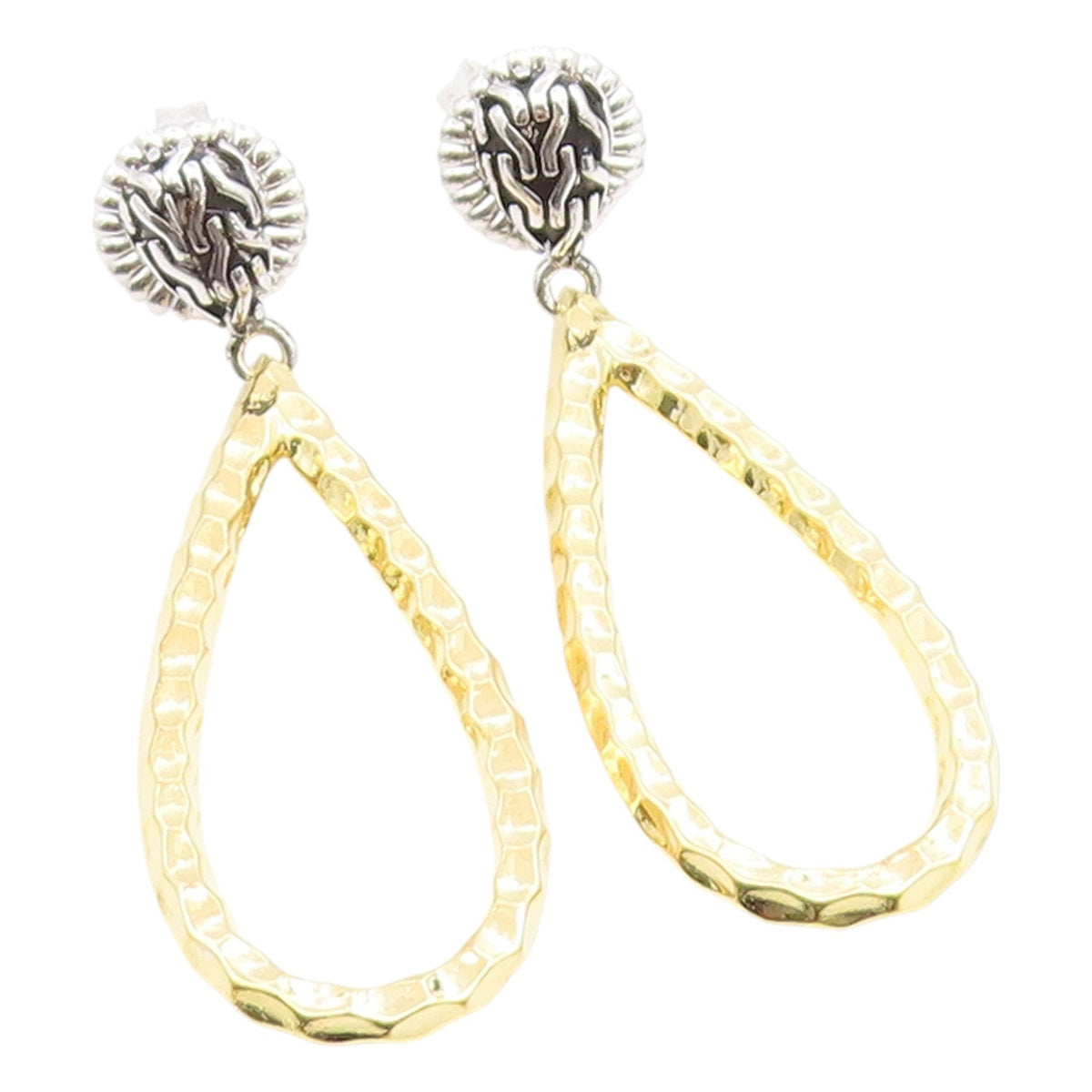 925 Sterling Silver Vintage Earrings DSMK Two Tone Hammered Teardrop  EG14162
