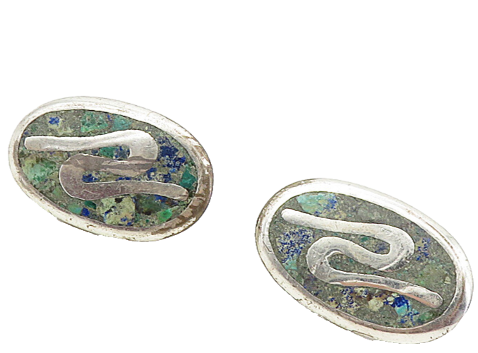 MEXICO 925 Silver  Vintage Inlaid Jasper Oval Non Pierce Drop Earrings  EG4590
