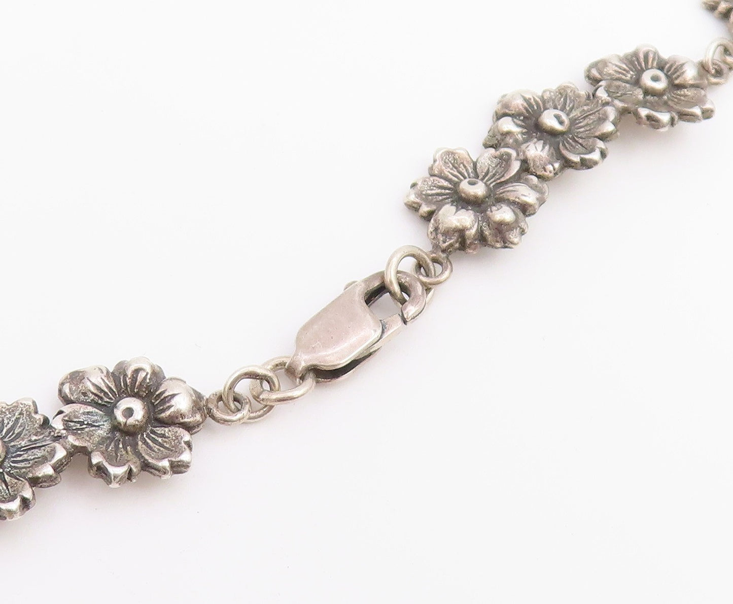 925 Sterling Silver Vintage Necklace Classic Botanical Floral Motif Link  NE4889