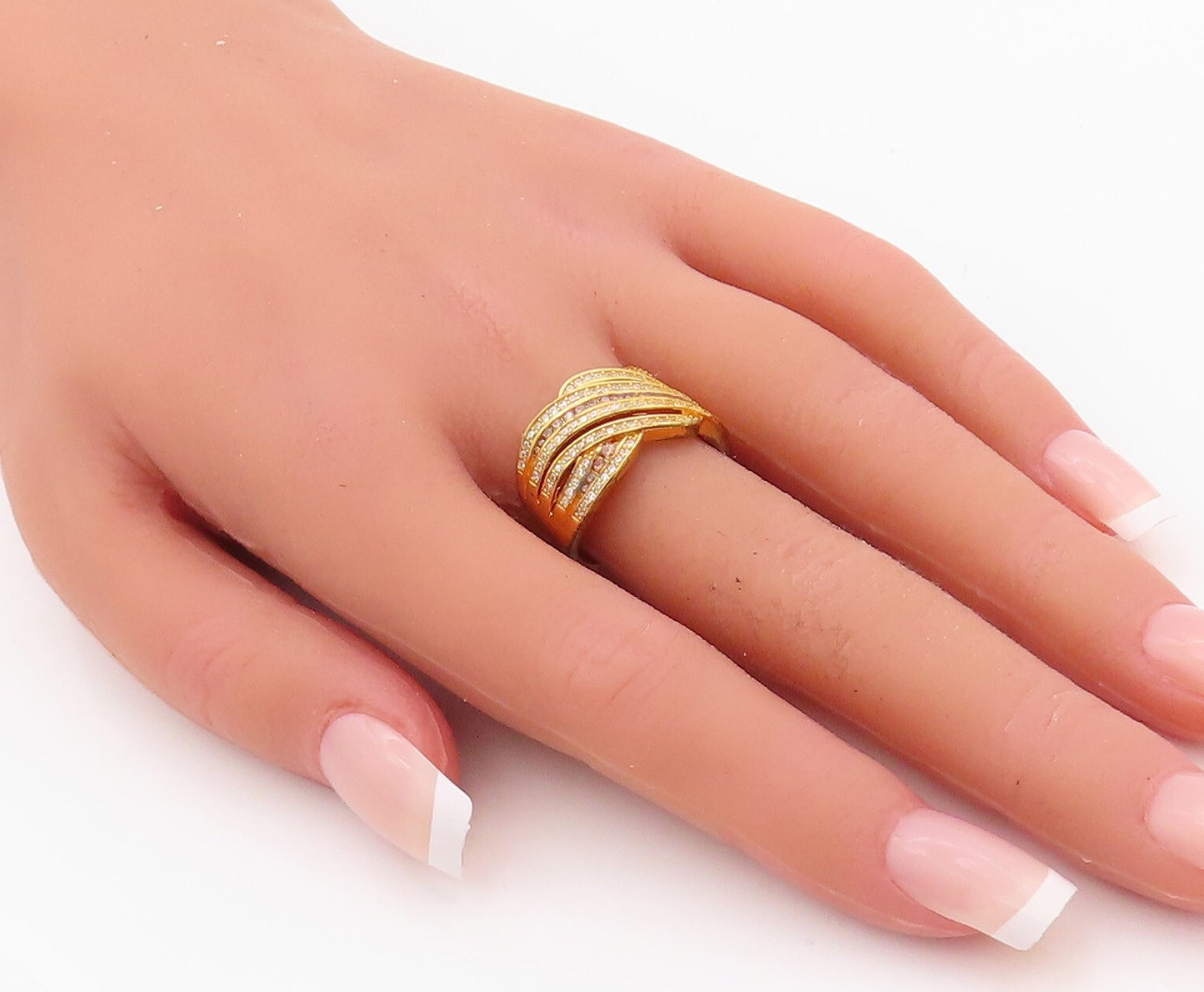 925 Sterling Silver Vintage Ring Gold Plated Designer CZ Inlay  Sz 7.5  RG29976
