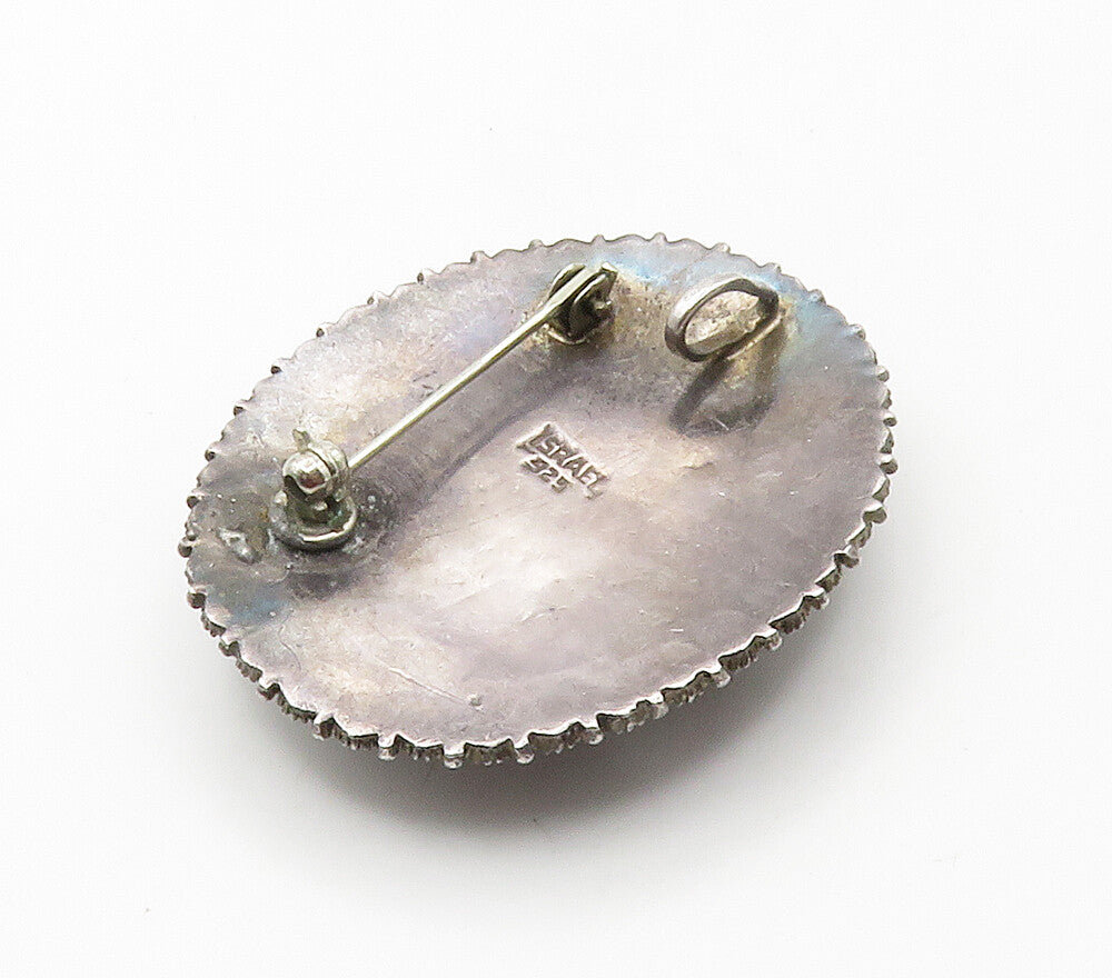 ISRAEL 925 Sterling Silver Vintage Eilat Stone Floral Trim Brooch Pin BP6065