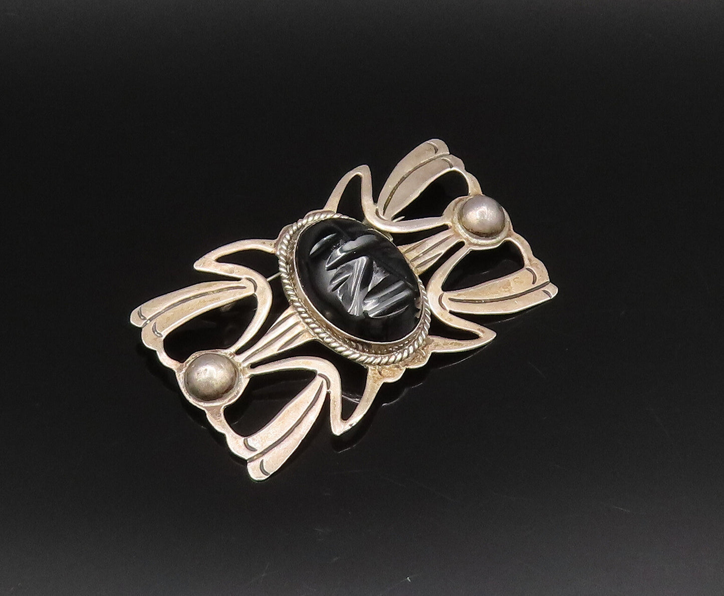 MEXICO 925 Silver  Vintage Carved Face Black Onyx Open Wings Brooch Pin BP9991