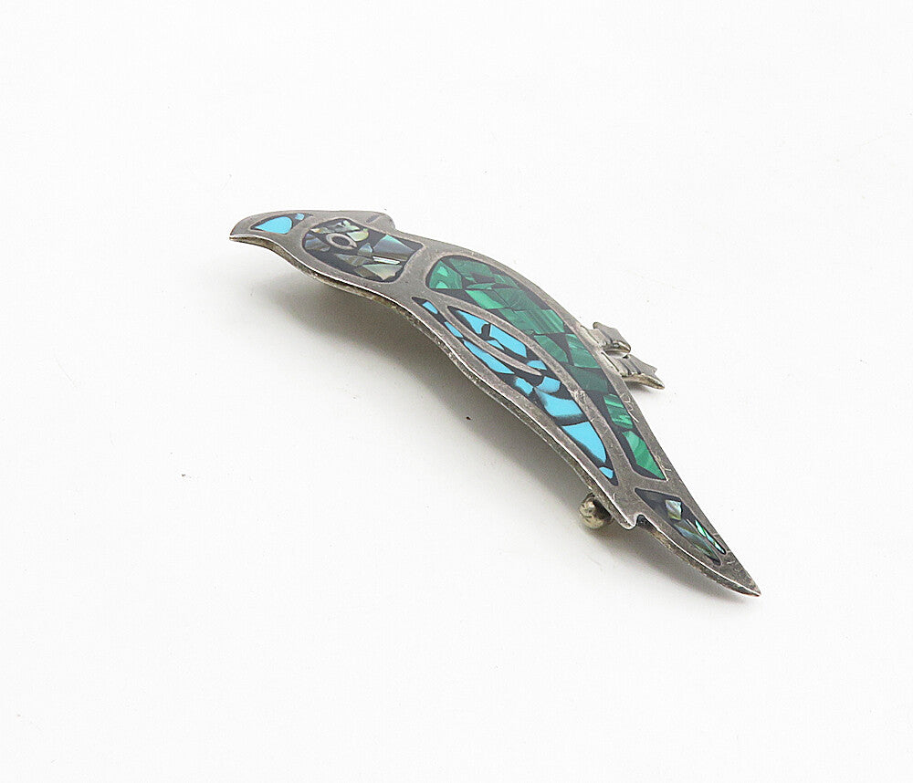 MEXICO 925 Silver Vintage Malachite Abalone & Turquoise Brooch Pin BP3287