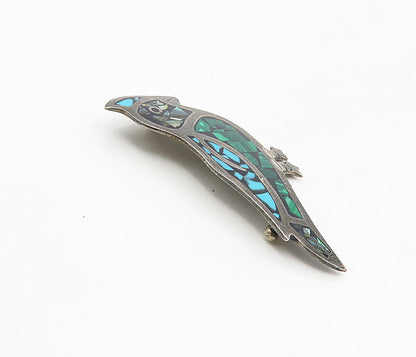 MEXICO 925 Silver Vintage Malachite Abalone & Turquoise Brooch Pin BP3287