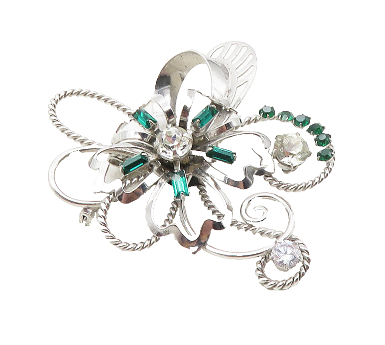 CARL ART 925 Silver  Vintage Cubic Zirconia & Green Topaz Brooch Pin  BP3909