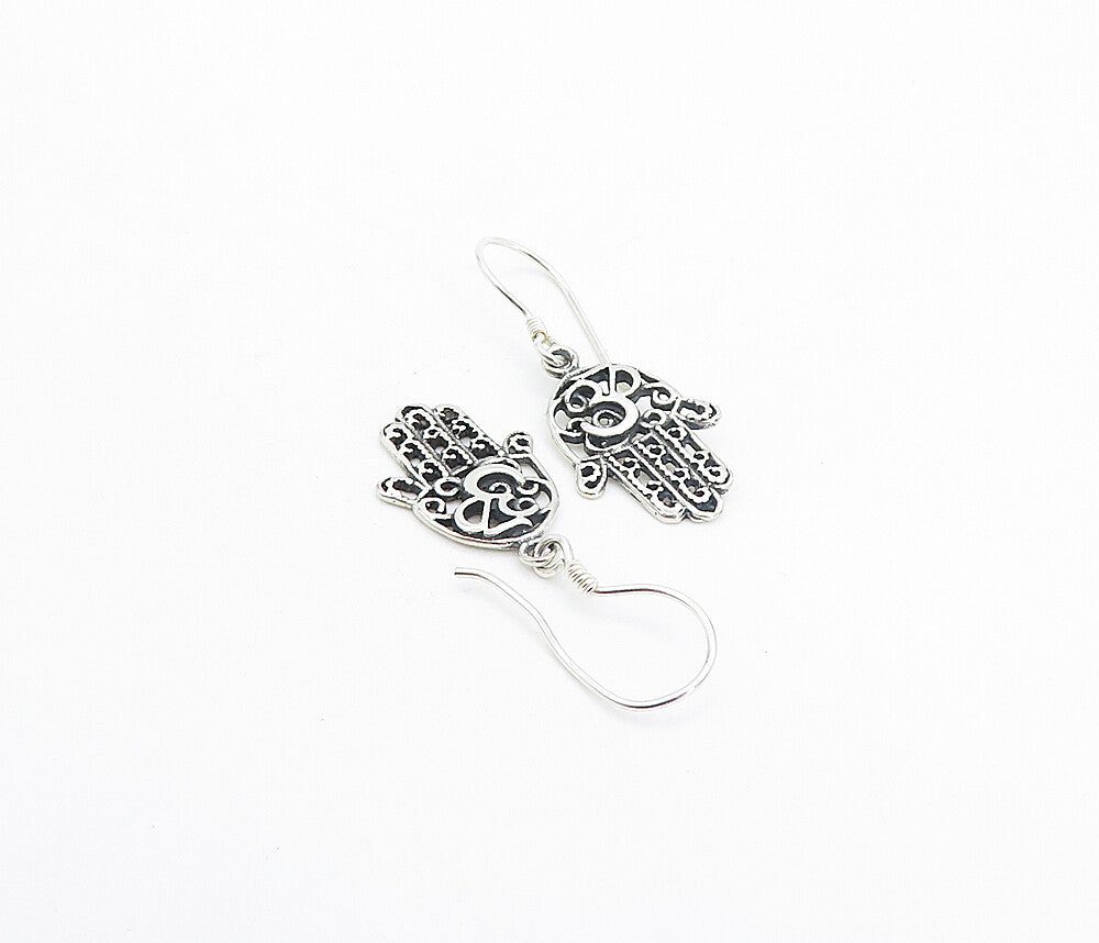 925 Sterling Silver  Shiny Om Spiritual Symbol Hamsa Dangle Earrings  EG3245