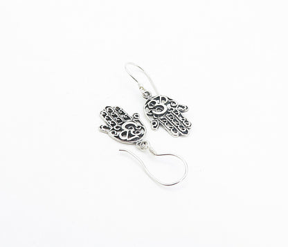 925 Sterling Silver  Shiny Om Spiritual Symbol Hamsa Dangle Earrings  EG3245